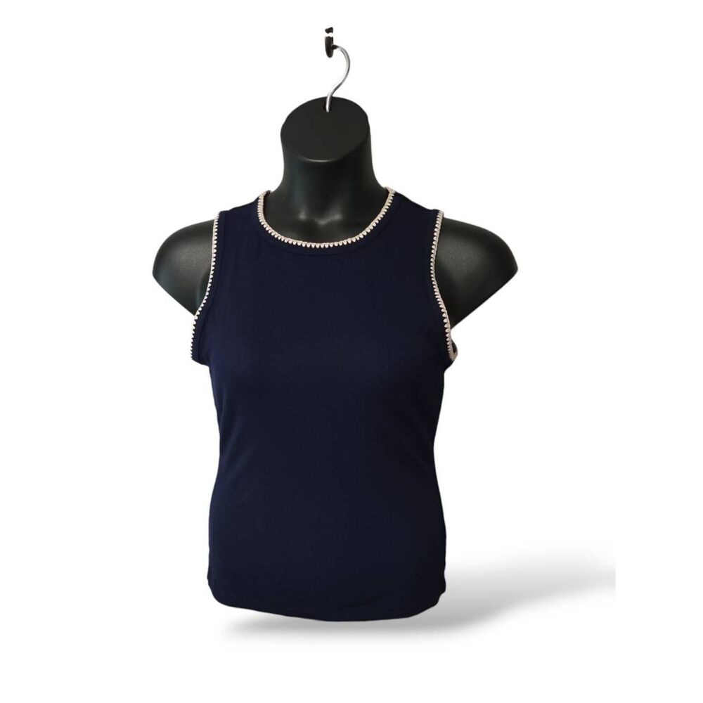 ​Rachel Zoe Navy Blue Ribbed Crochet Trim Tank Top - NWT Size L